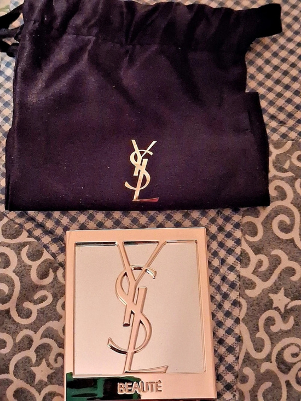 Yves Saint Laurent Beaute Gold Compact Mirror With Logo Pouch New Never Used